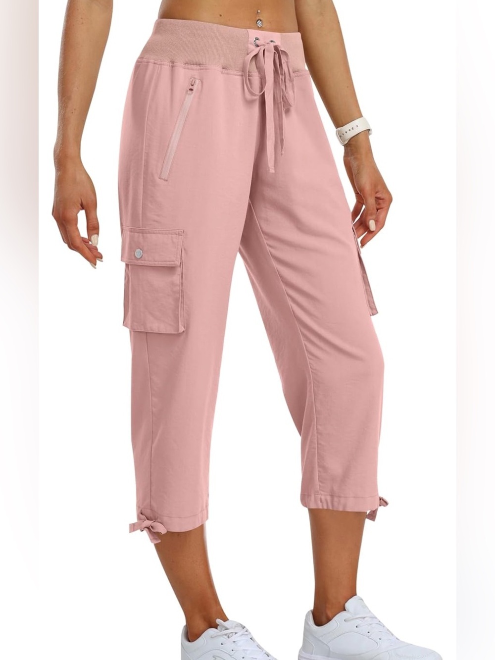 Women's Cargo Capri Pants with Tie Hem - Pink